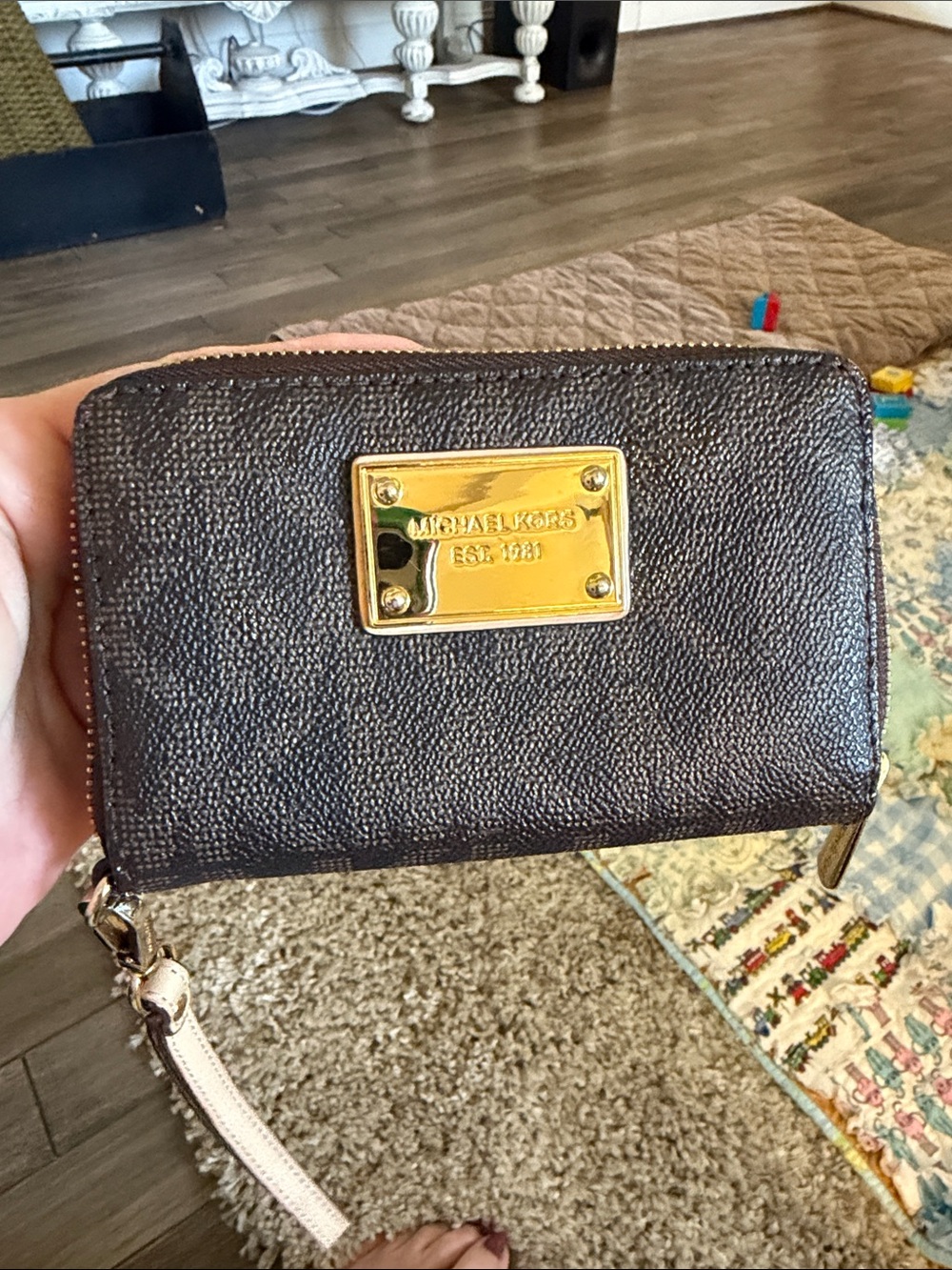 Michael Kors Dark Brown Pebbled Leather Wristlet with Gold Plaque